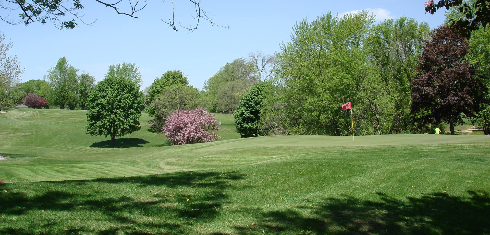 Course hole with trees in background on sloping greens